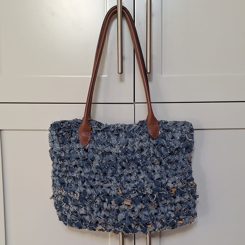 Blue Woven Tote Bag with Leather Handles